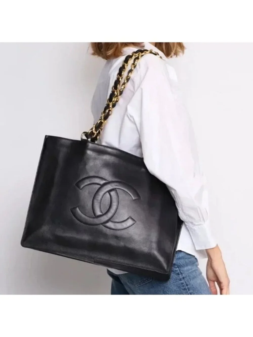 Authentic CHANEL Jumbo XL Shopping Tote Bag Timeless Classic Black Lambskin